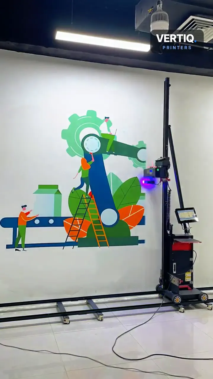 Spectra Dual by Vertiq — Wall + Floor UV Printer printing an office mural (demo still)