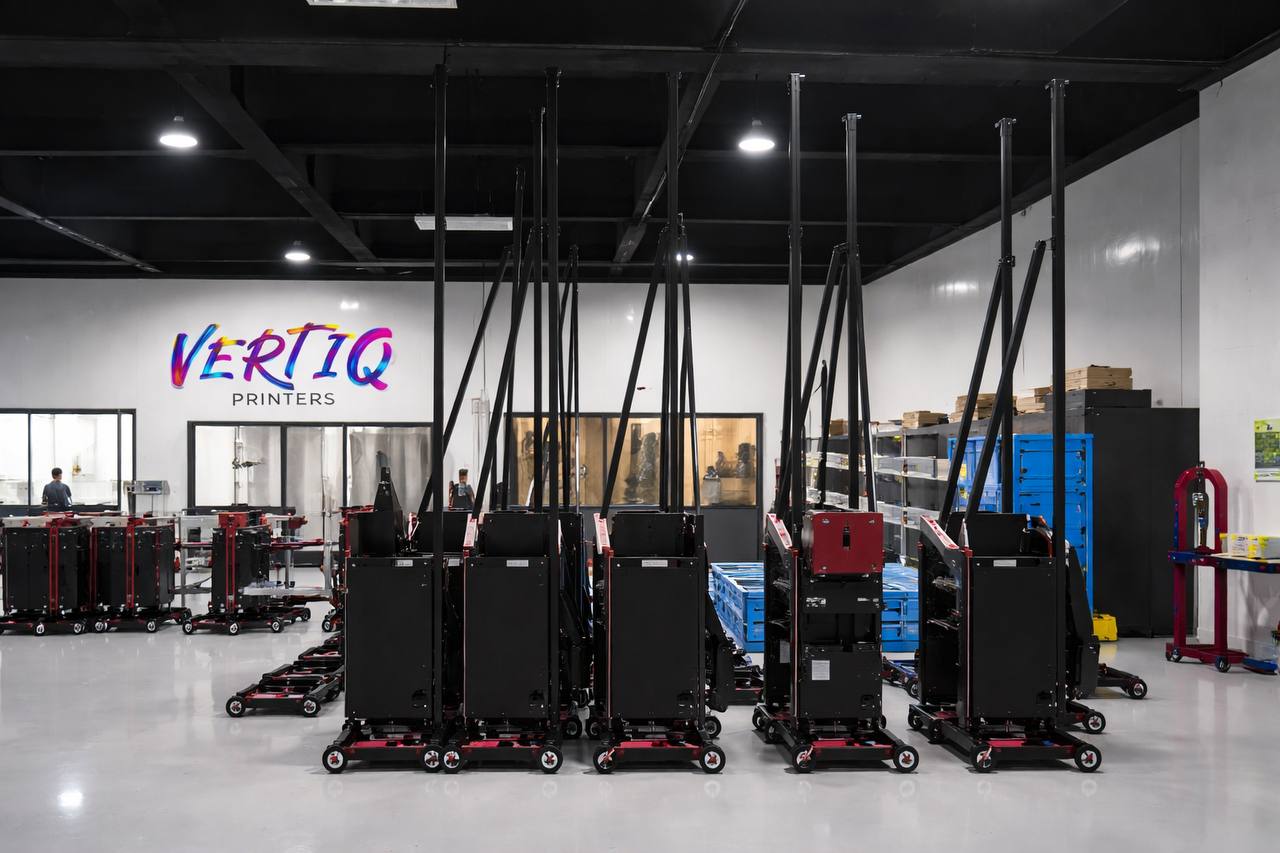Vertiq Printers factory — machines ready for USA shipment